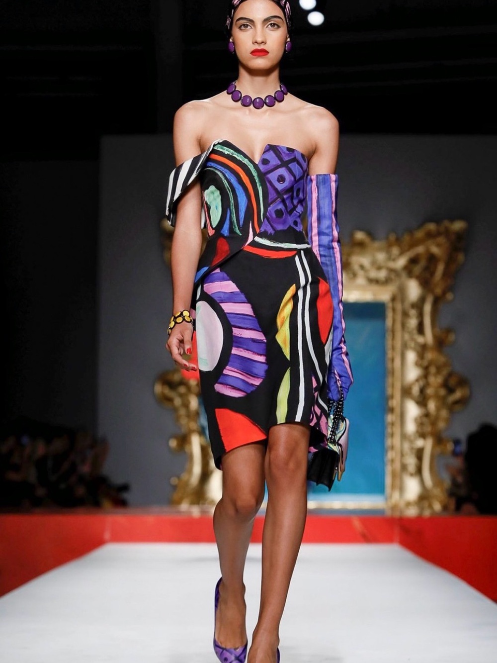 NWT Moschino runwayBlack One-Shoulder Dress with Multicolor Abstract Motif